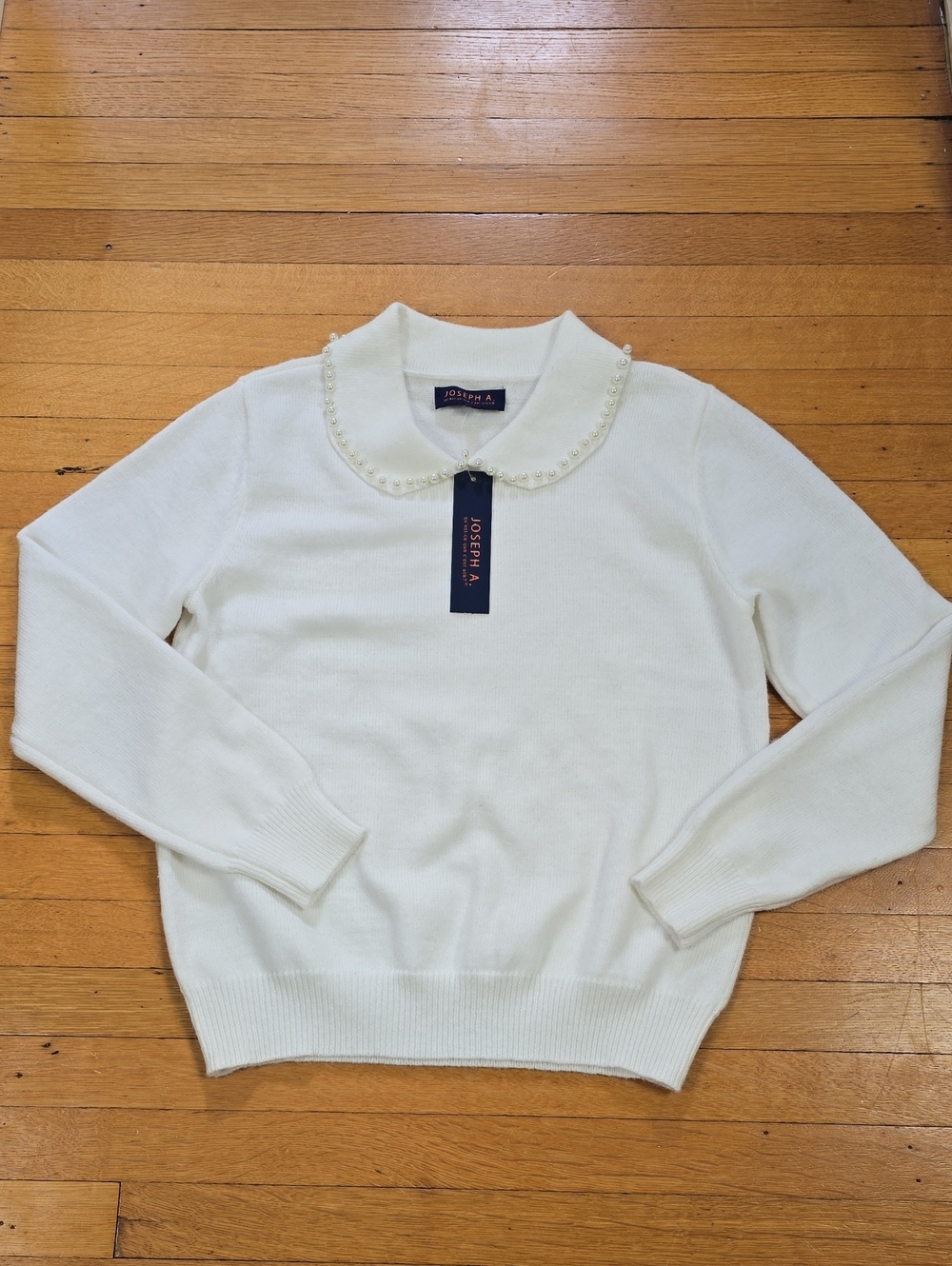 NWT, Joseph A.,Faux Pearl Collar Knit Pullover Sweater, Off-White, Women's M